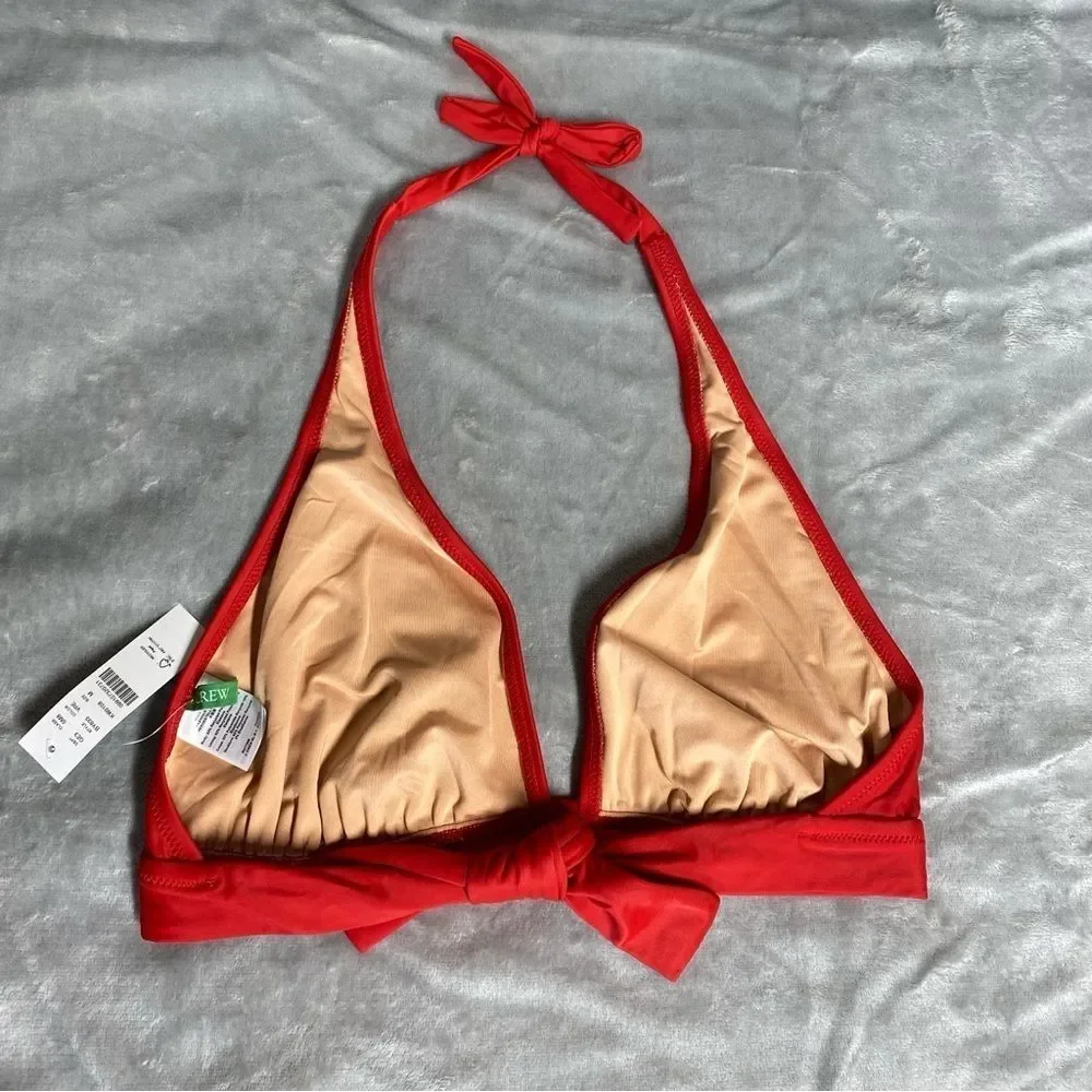 NEW J. Crew DD Halter Tie Back Bikini Top w/ Mesh V Neck Size M Venetian Red